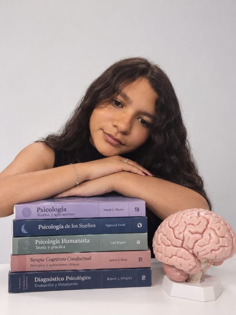 Ana Marcela con libros de psicología y modelo de cerebro